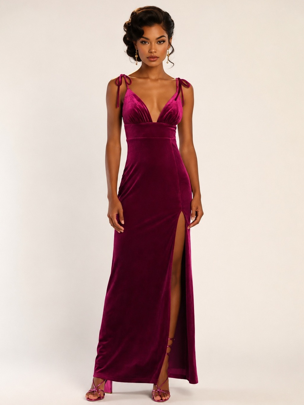 With Radiance Berry Pink Velvet Tie-Strap Maxi Dress